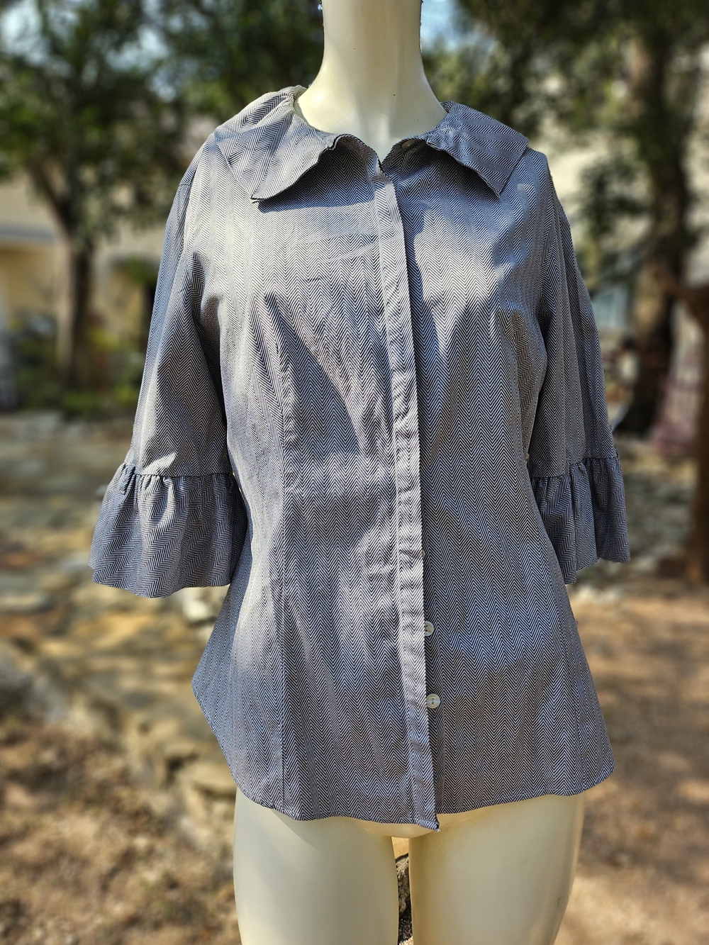 Anne Fontaine Blue Chevron Pattern Button-Front Shirt Frill 3/4 Sleeves 42